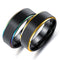 7mm Mens Wedding Bands Rainbow Rings Titanium Carbide Black Brushed Finish Blue Plated Edge Groove Wedding Band