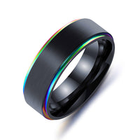 7mm Mens Wedding Bands Rainbow Rings Titanium Carbide Black Brushed Finish Blue Plated Edge Groove Wedding Band