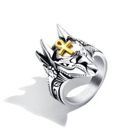 Stainless Steel Egyptian God Silver Plated Cross Anubis Rings for Men Beast Animal Wolf Head Finger Wedding Bands